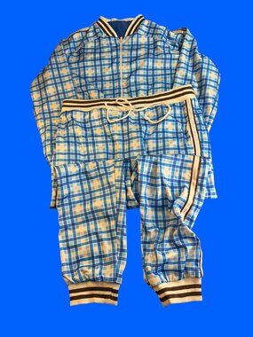 Vintage Plaid Track Suit Set Jacket Pants Blue White Y2K Retro Athletic XL